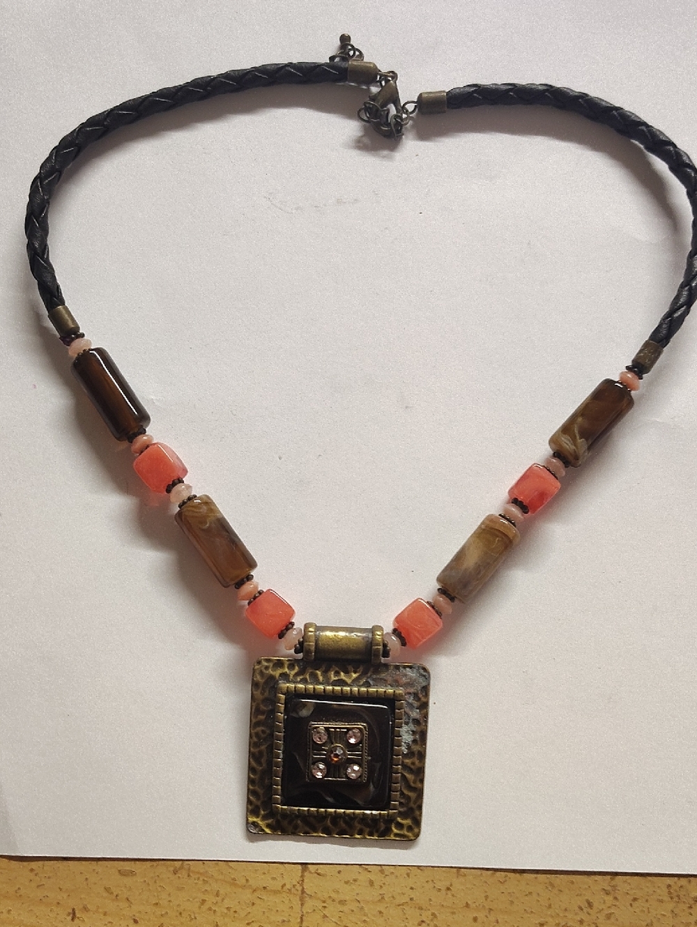 Handcrafted Coral and Brown Beaded Pendant Necklace